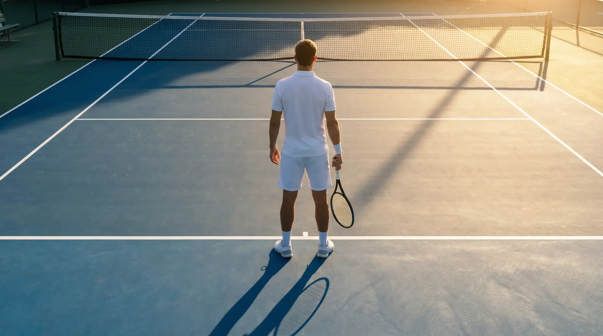 Tenista visto desde atrás observando la pista antes de un partido con la raqueta en la mano
