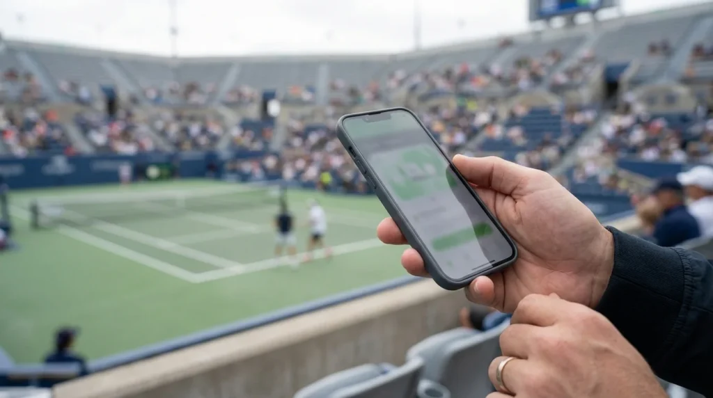 Mano sosteniendo un móvil en las gradas de una pista de tenis