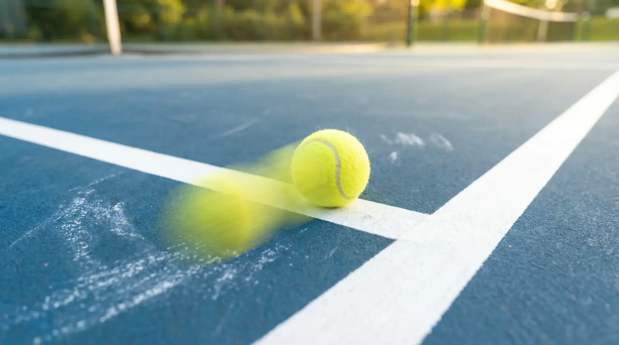 Pelota de tenis rodando por el suelo de una pista dura tras un ace con marcas de desgaste visibles