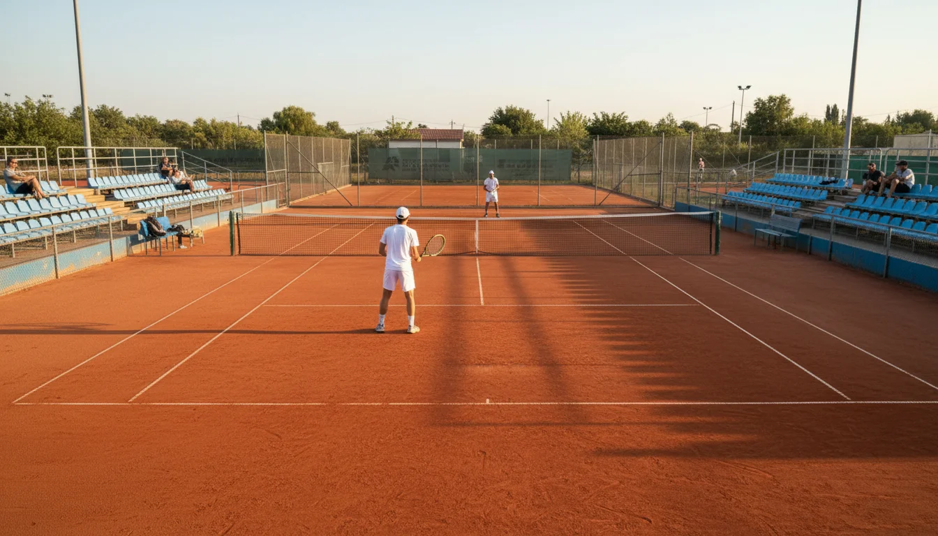 Pista de tenis de un torneo Challenger con gradas vacías y un jugador al fondo preparando el saque