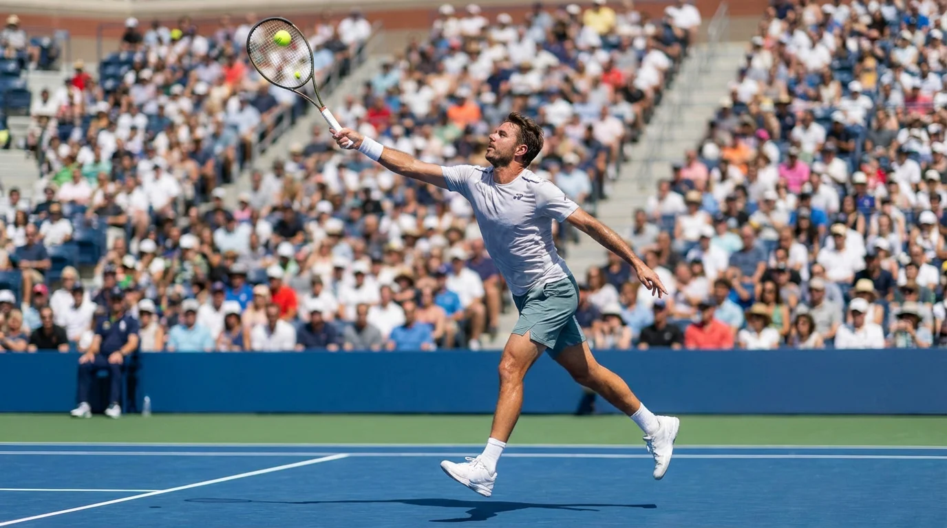 Tenista masculino realizando un saque potente en un torneo Masters 1000 con público en las gradas