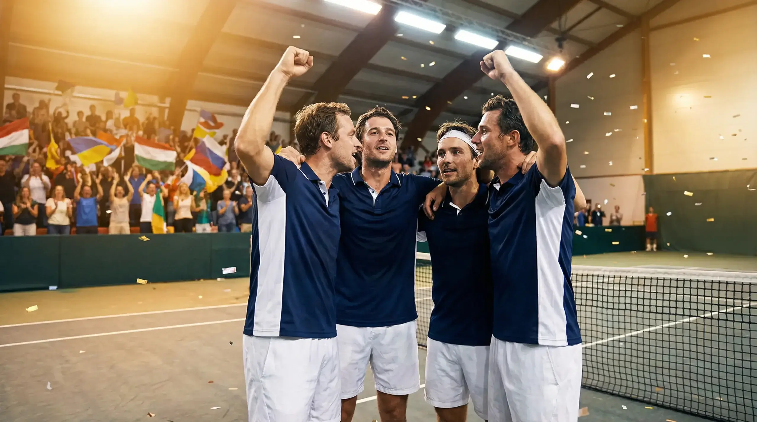 Equipo de tenis celebrando una victoria en Copa Davis con banderas de su país al fondo