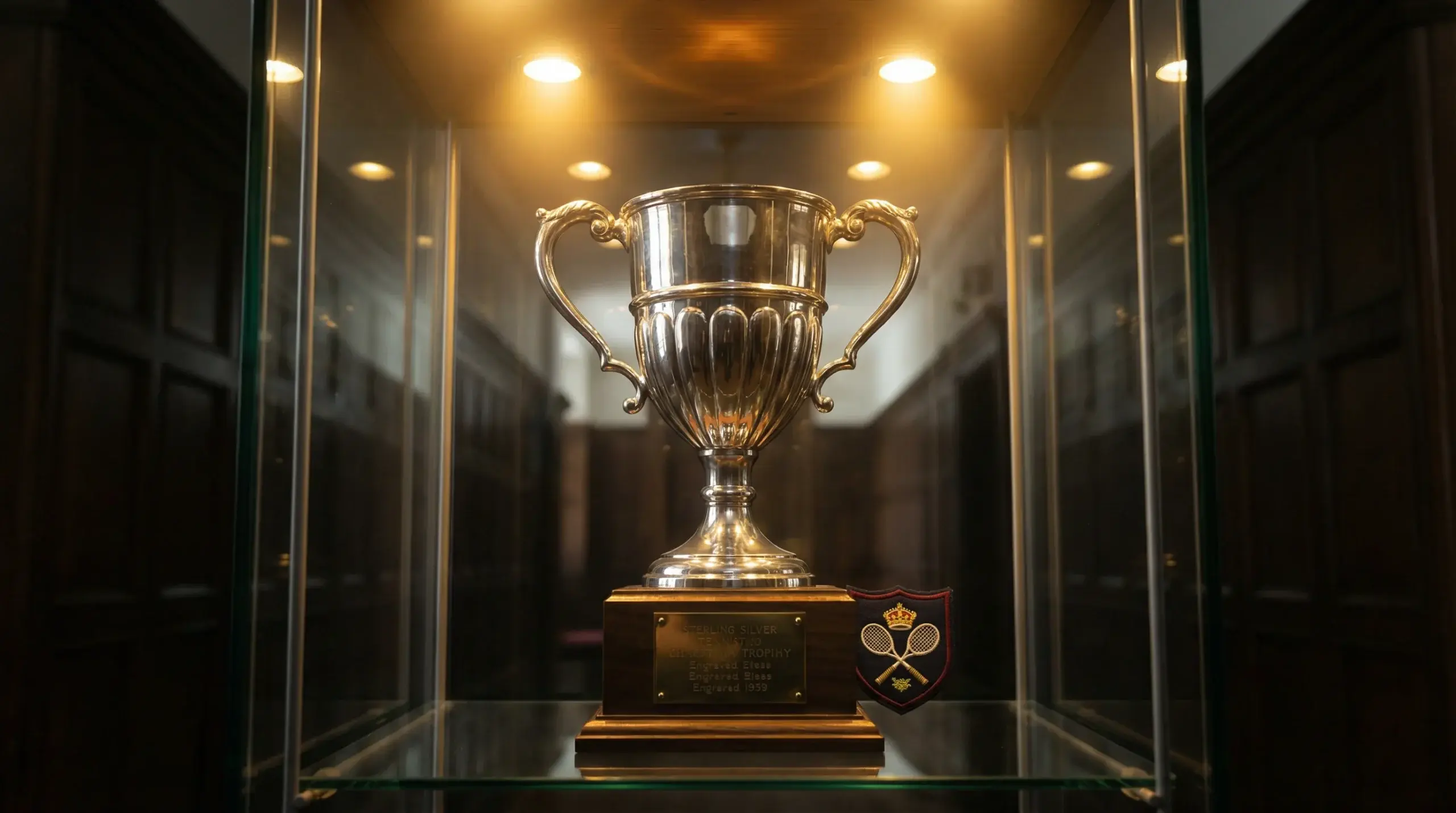 Trofeo de tenis sobre una vitrina con luz cálida