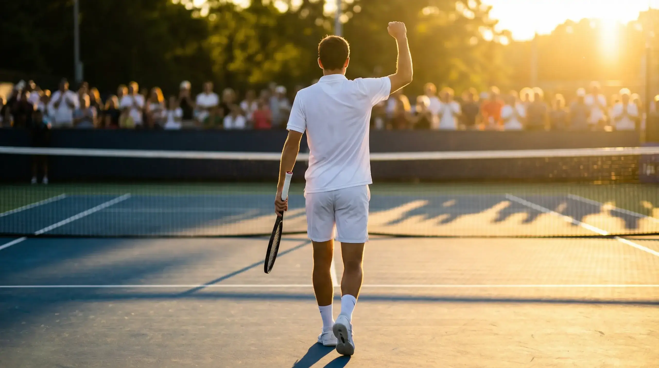 Tenista profesional celebrando una victoria en pista dura durante un partido de tenis