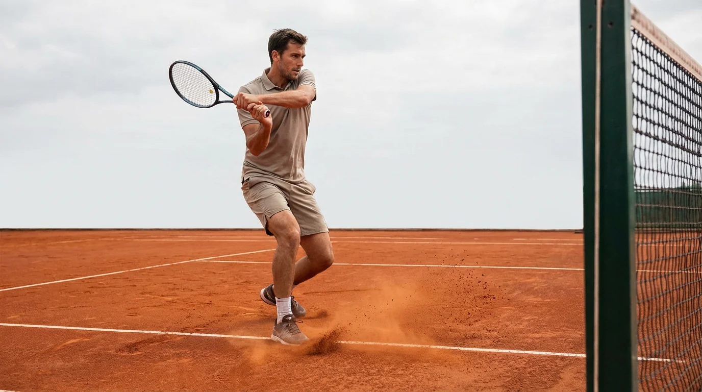 Jugador de tenis golpeando un revés en pista de tierra batida durante un partido profesional