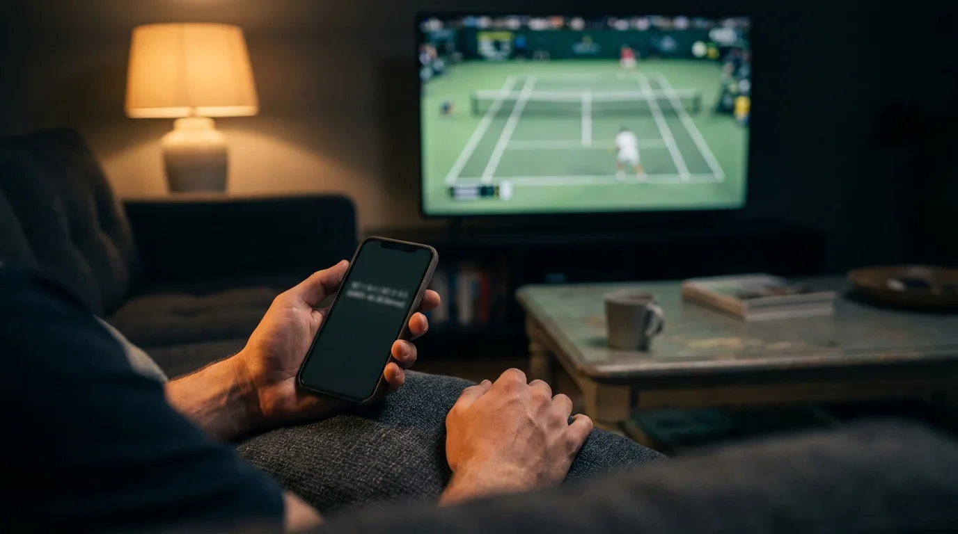 Pantalla de dispositivo móvil mostrando un marcador de partido de tenis en vivo con estadísticas