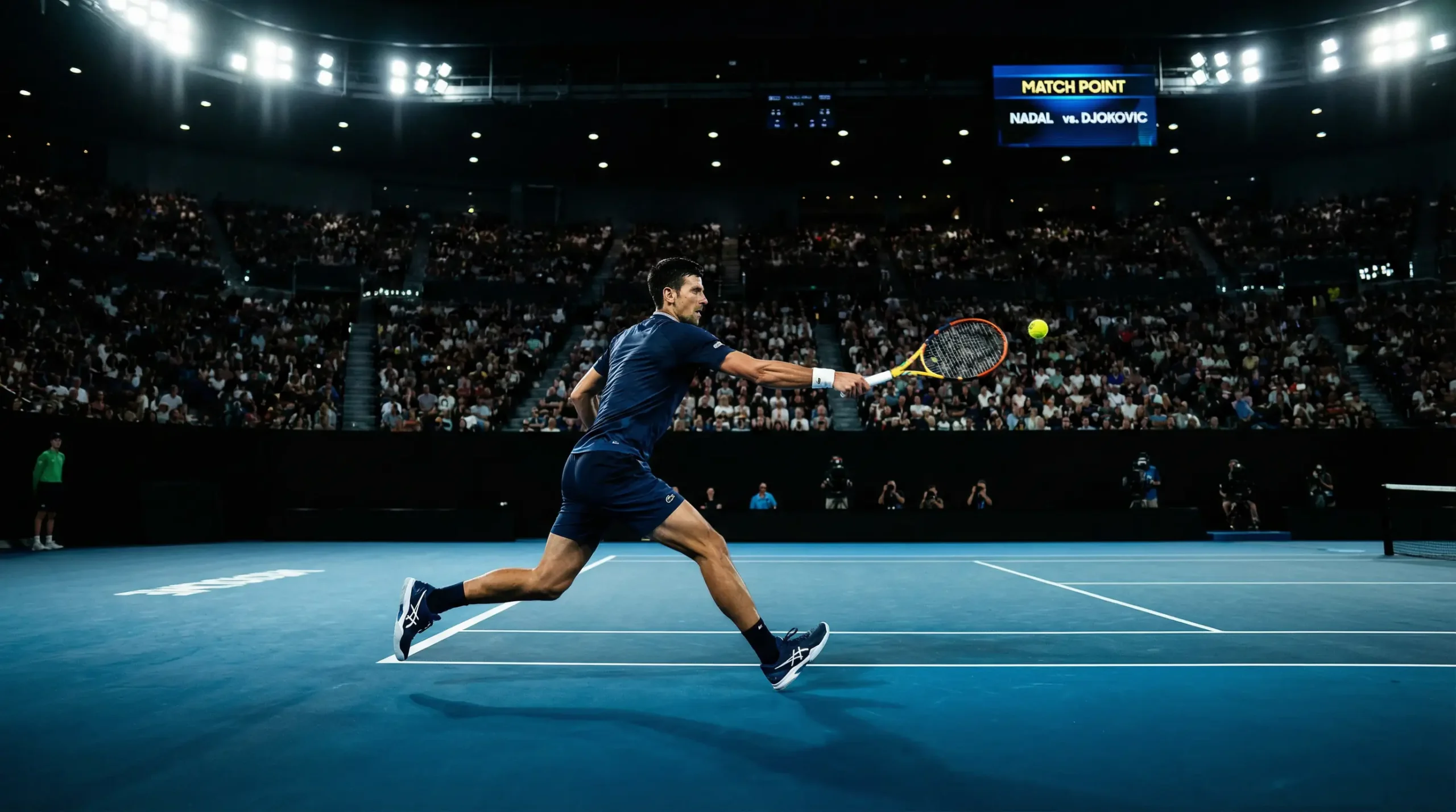 Apuestas de tenis en directo: jugador de tenis en acción durante un partido nocturno con iluminación intensa