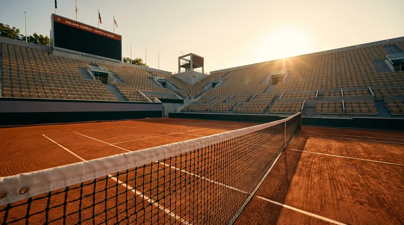 Pista de tenis de tierra batida iluminada al atardecer con silla de juez y red visible