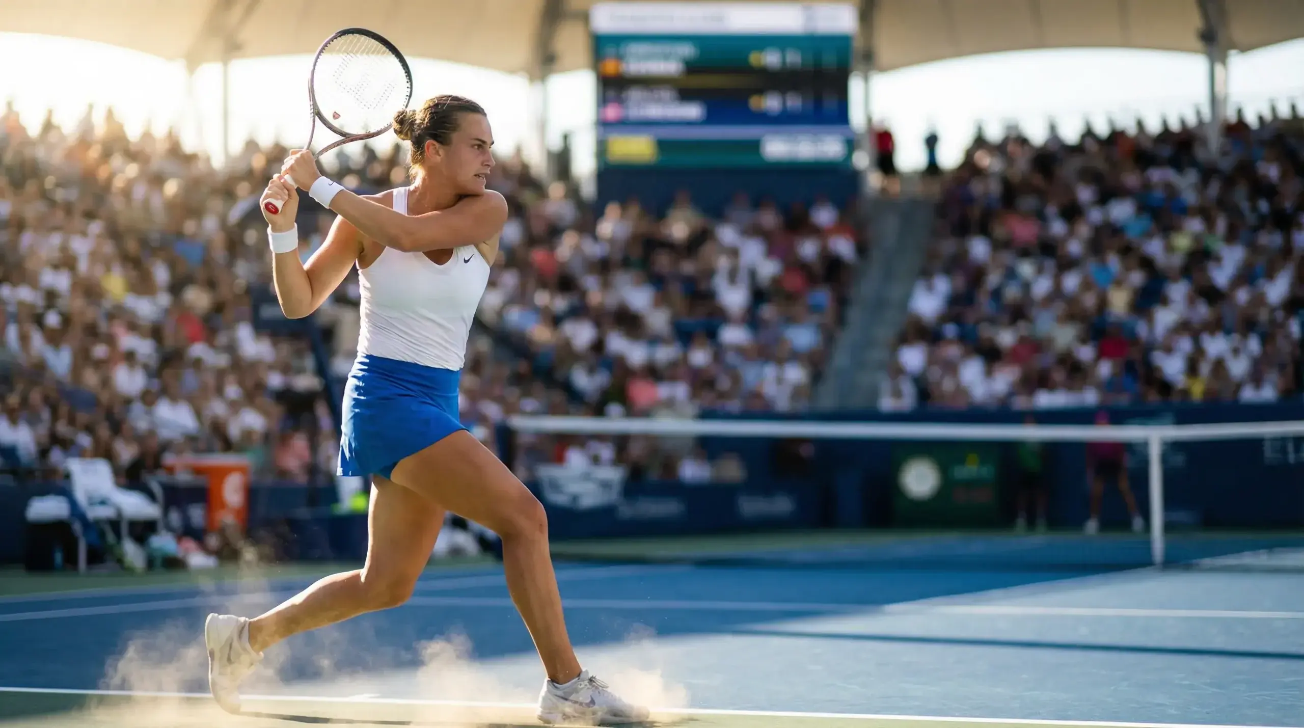 Tenista profesional femenina golpeando un derecho potente durante un partido del circuito WTA