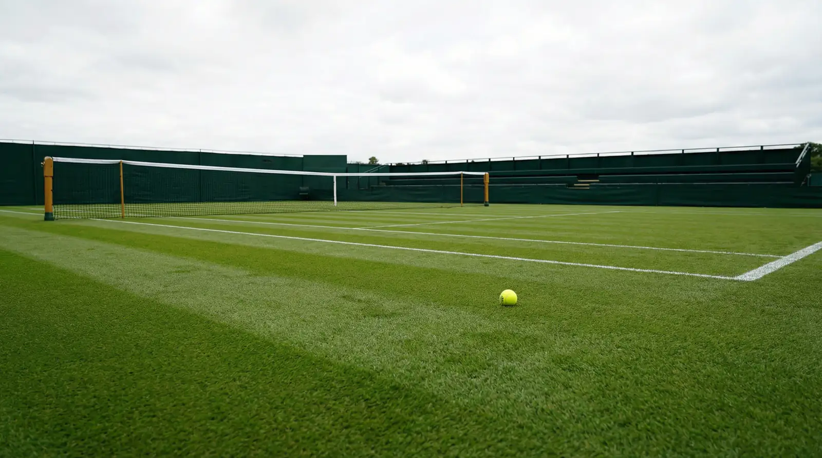 Pista de tenis de hierba con el césped verde recién cortado y las líneas blancas marcadas