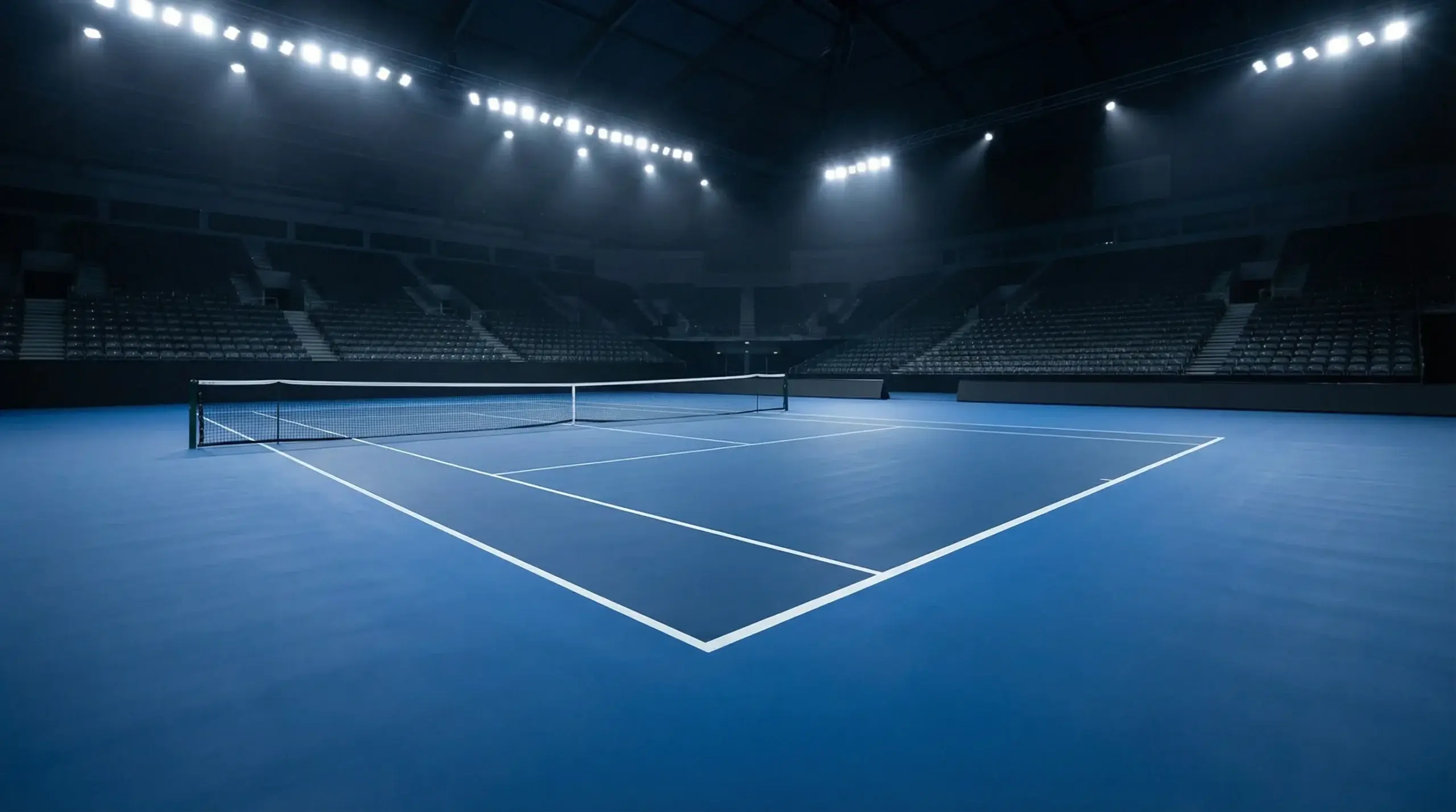 Pista de tenis de superficie dura azul bajo iluminación artificial de un torneo indoor