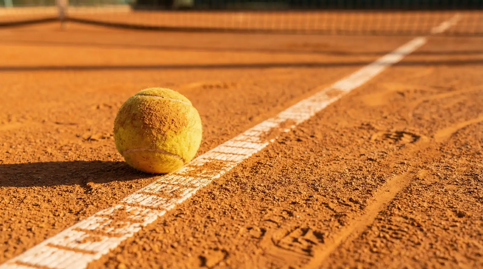 Pista de tierra batida con la línea blanca marcada y una pelota de tenis sobre la arcilla naranja