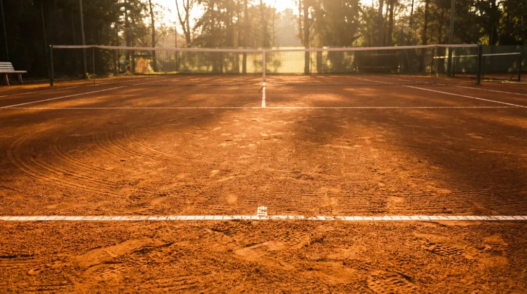 Pista de tenis de tierra batida iluminada al atardecer