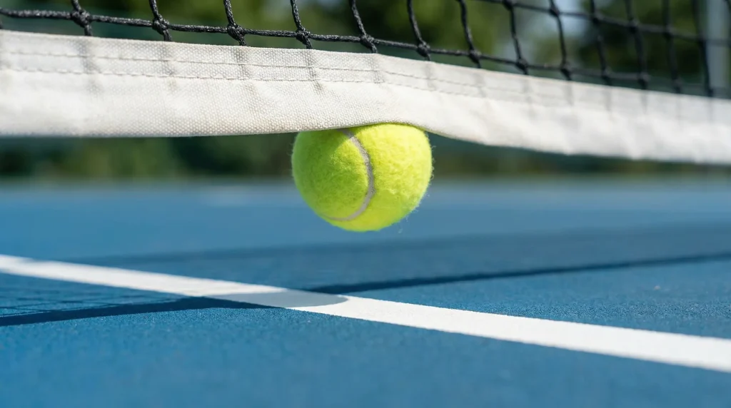 Pelota de tenis golpeando la red en una pista dura