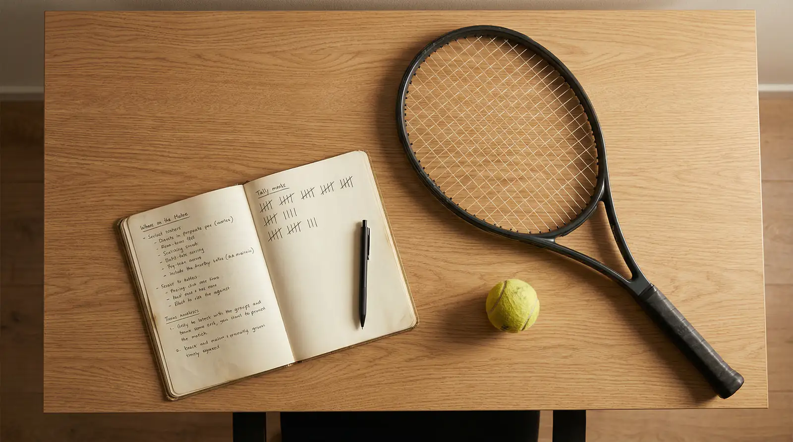 Vista cenital de un escritorio con un cuaderno de notas abierto, una raqueta de tenis y un bolígrafo