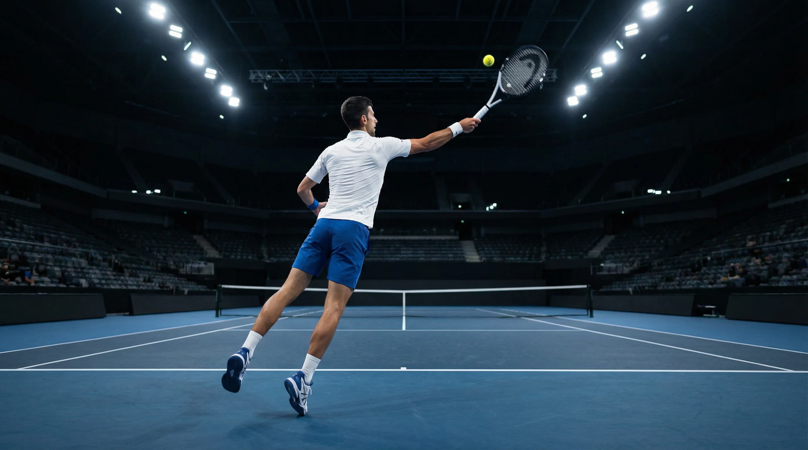 Tenista ejecutando un servicio potente en pista rápida indoor con iluminación cenital