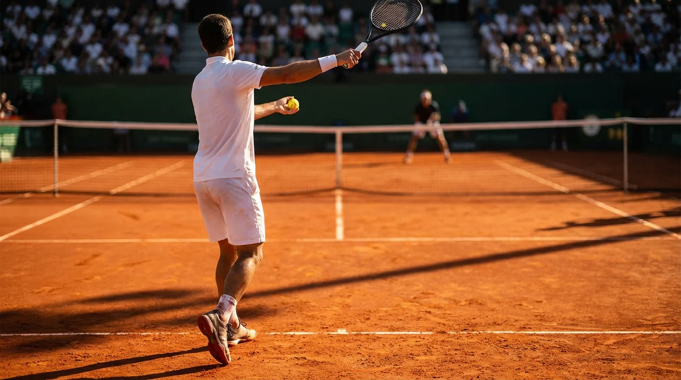 Estrategias de apuestas de tenis: jugador de tenis preparando un saque en pista de tierra batida