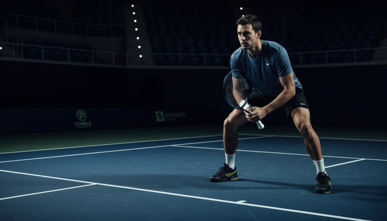 Tenista concentrado preparándose para devolver un saque al inicio de un partido en pista dura