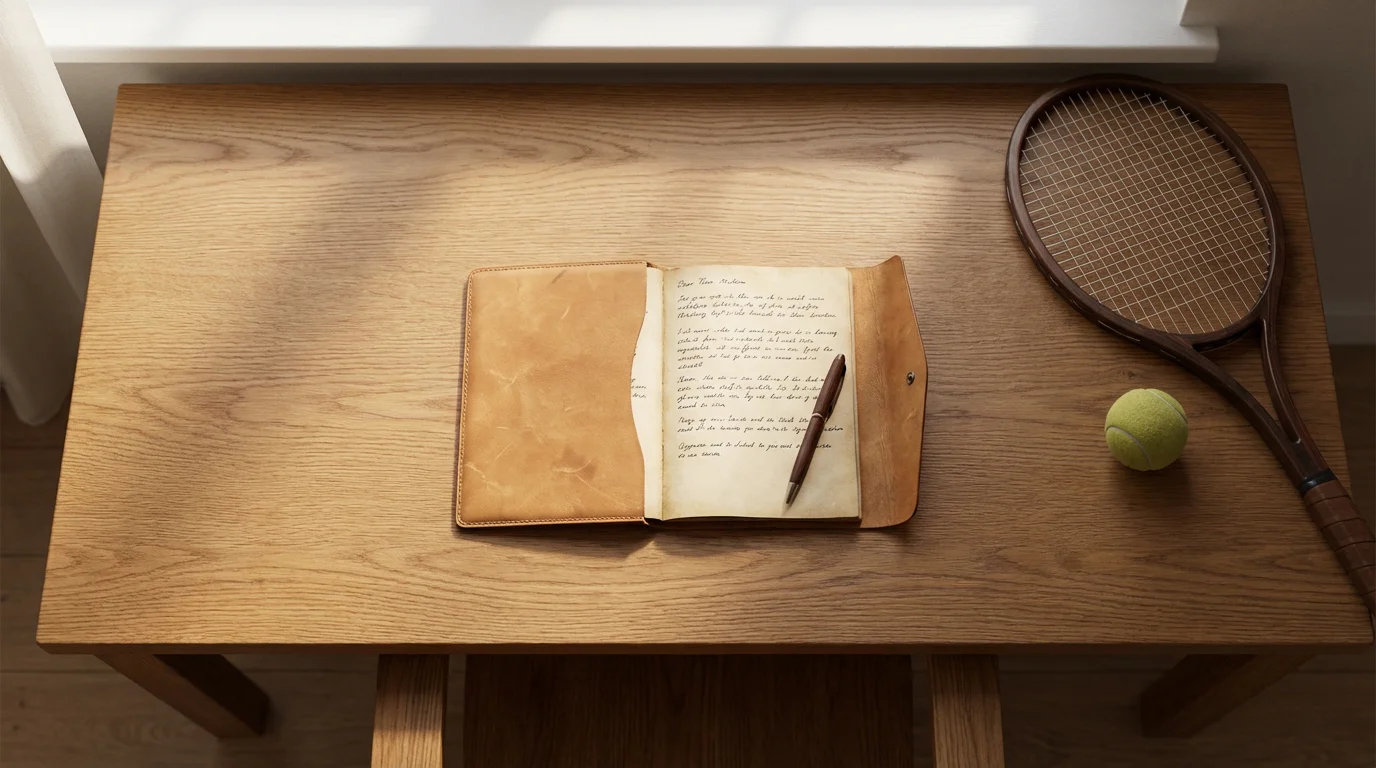 Gestión de banca en apuestas de tenis: persona concentrada tomando notas con un bloc abierto junto a una raqueta de tenis