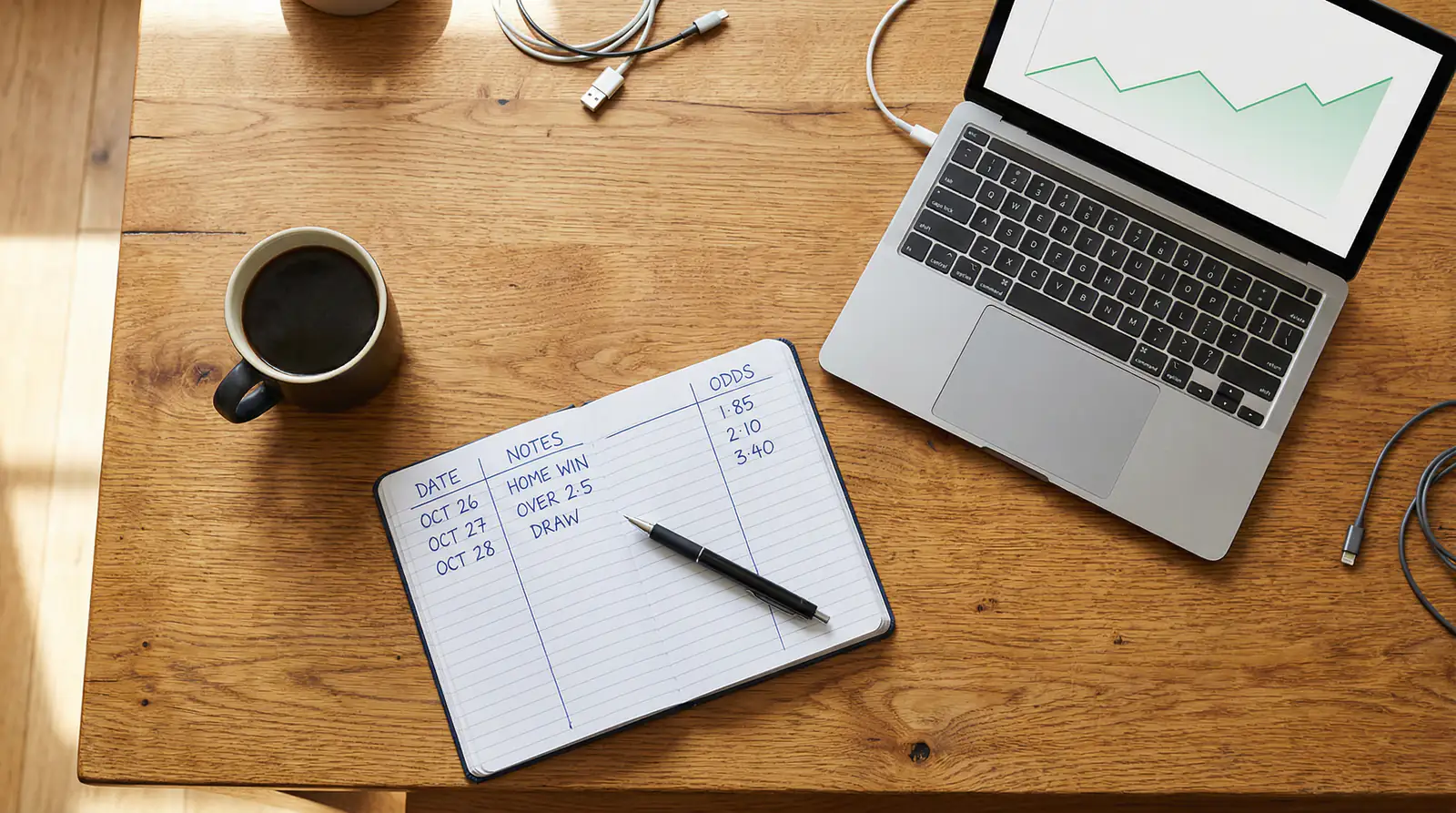 Cuaderno abierto con anotaciones de apuestas junto a un bolígrafo y una pantalla de portátil con gráfico de rendimiento