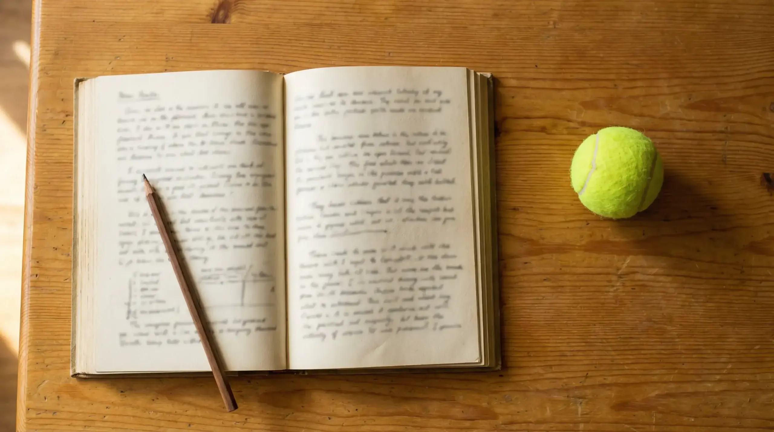 Libro abierto junto a una pelota de tenis sobre una mesa de madera