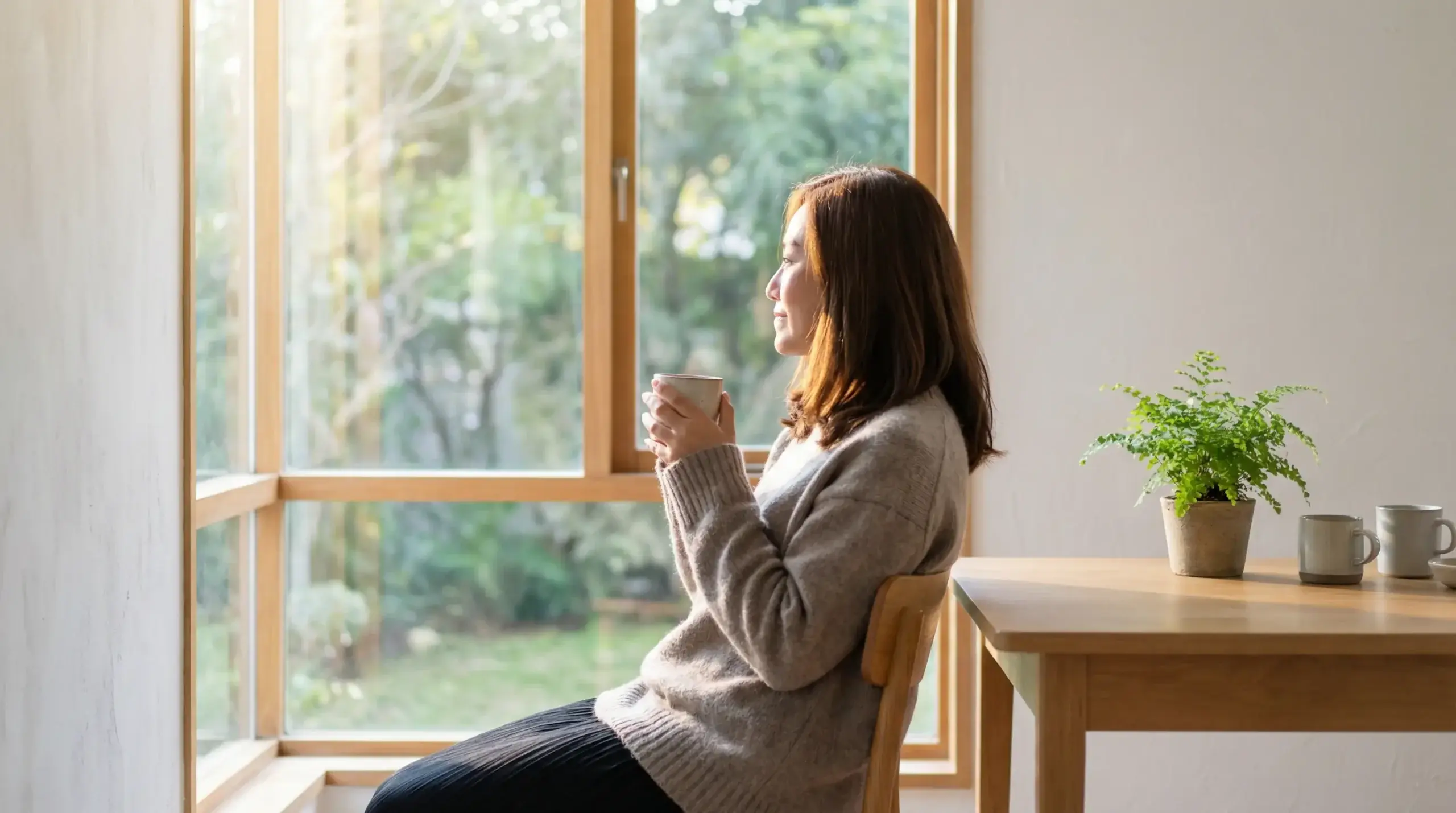 Persona reflexionando con una taza de café junto a una ventana