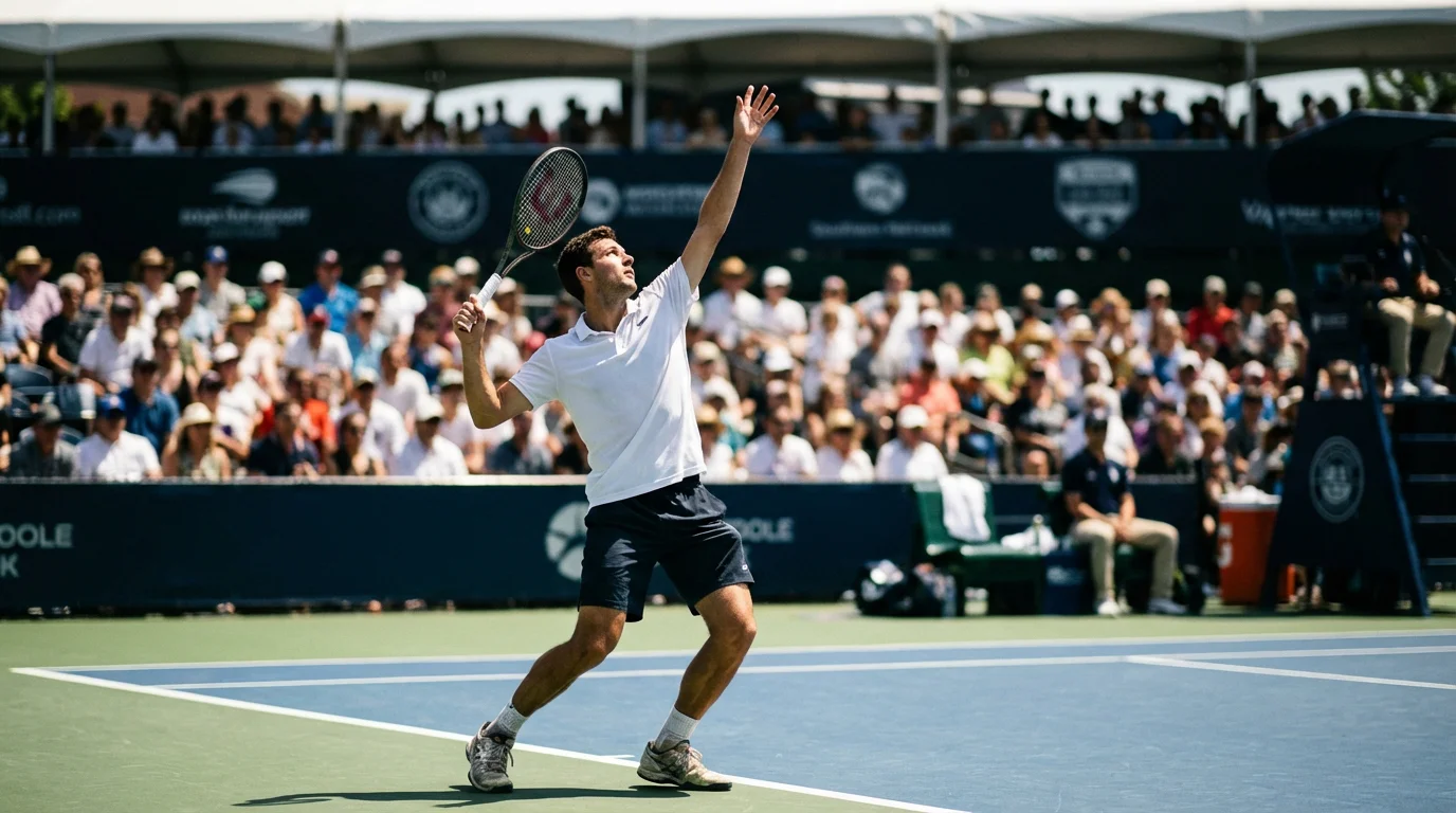 Tenista profesional preparando el saque en pista dura durante un partido de torneo ATP