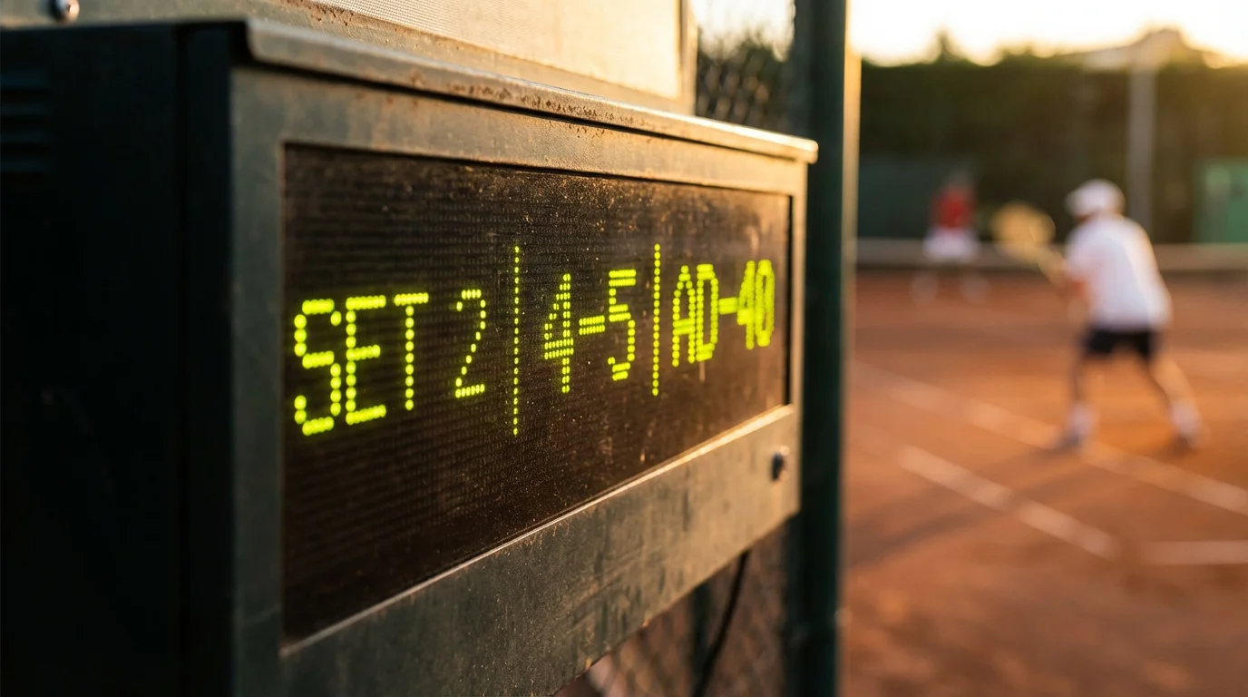 Marcador electrónico de un partido de tenis mostrando el resultado de sets y juegos