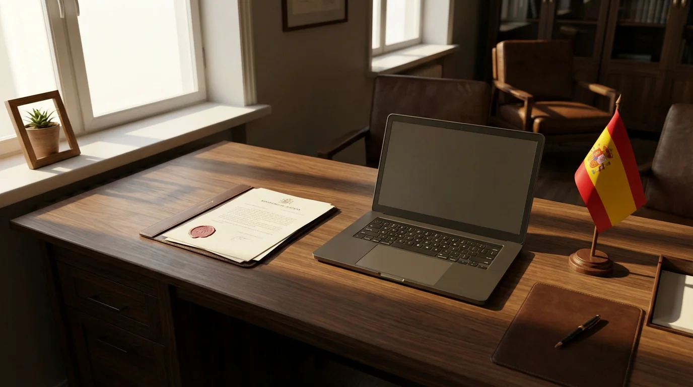Documento oficial con sello junto a un portátil en un escritorio