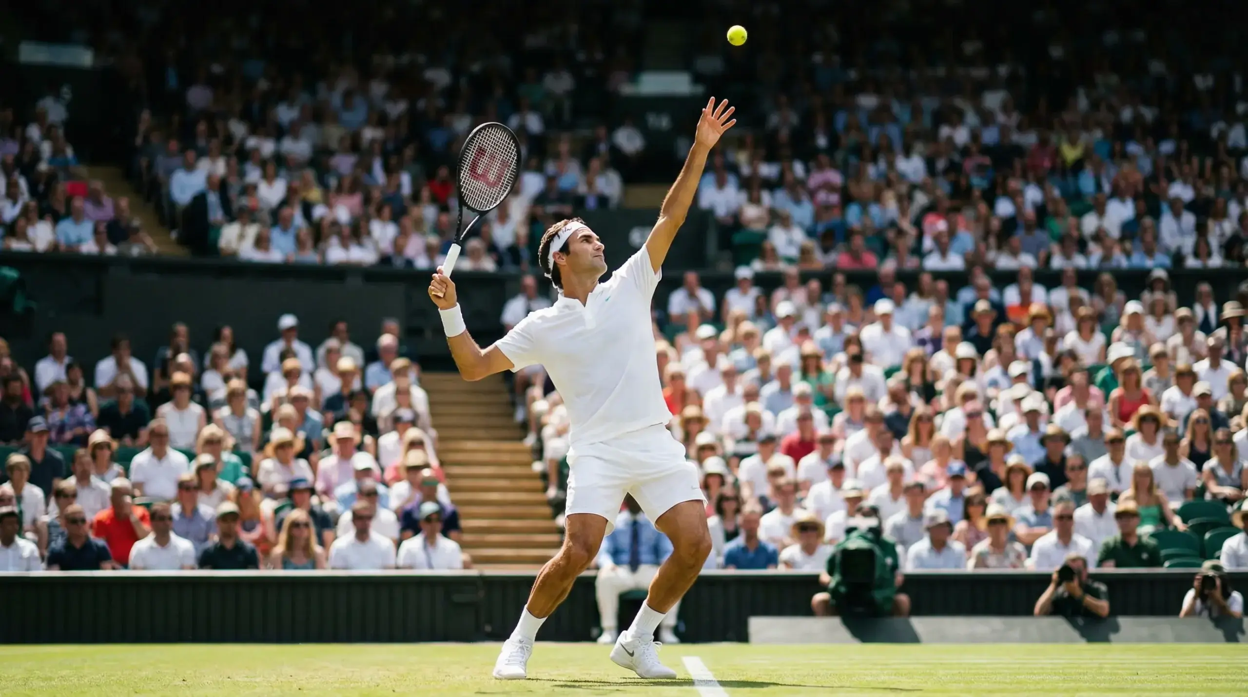 Tenista sirviendo en un partido de Grand Slam con la red y la pista visibles al fondo