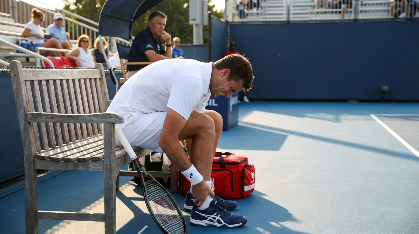 Tenista sentado en la silla de pista con expresión de dolor