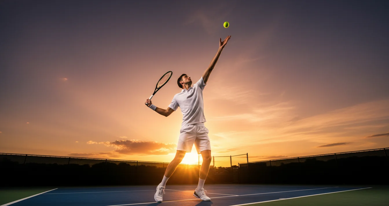 Tenista en el momento del lanzamiento de pelota para ejecutar un saque con luz de atardecer
