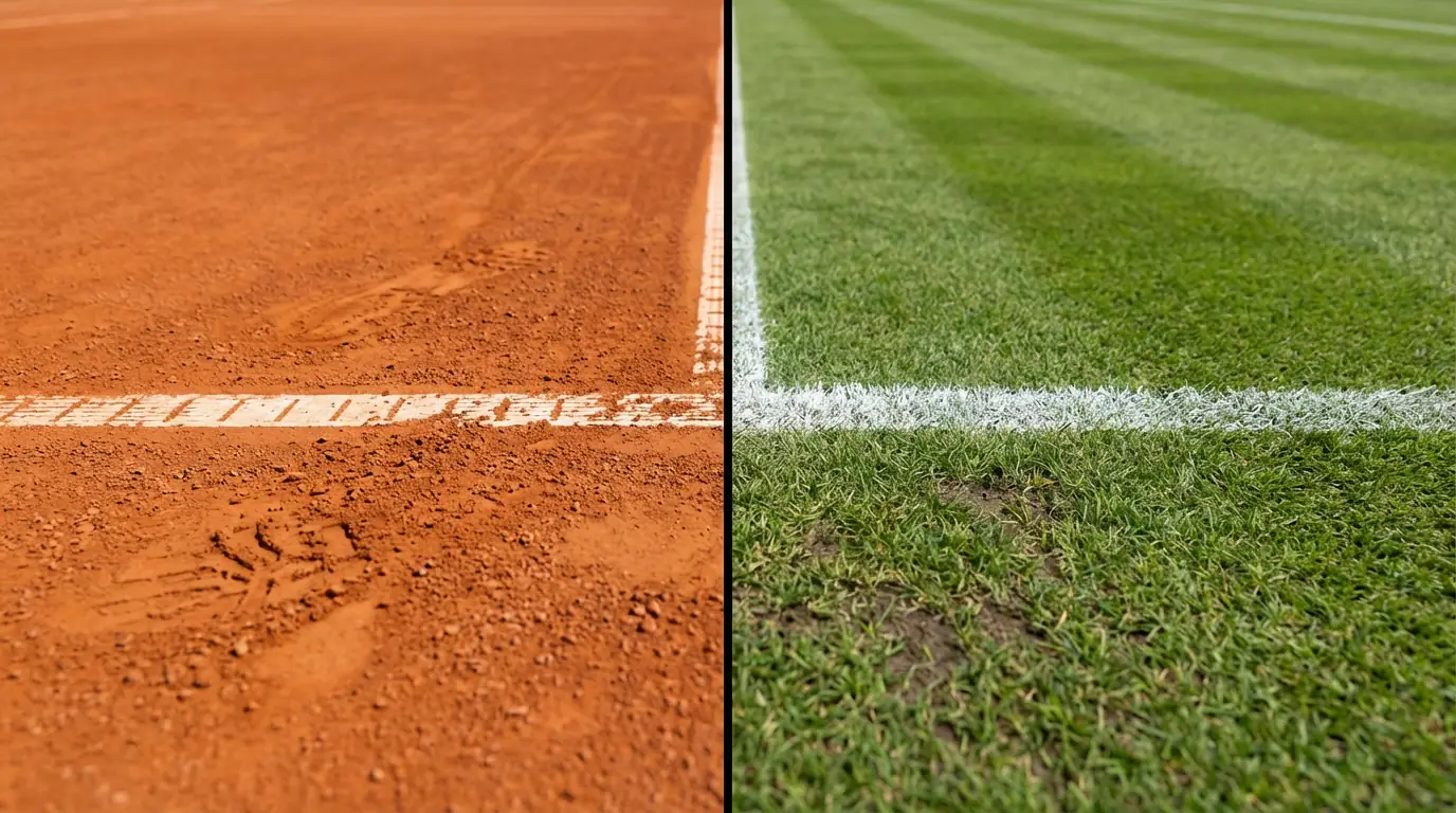 Superficies de tenis: vista dividida de pista de tierra batida y pista de hierba con líneas marcadas