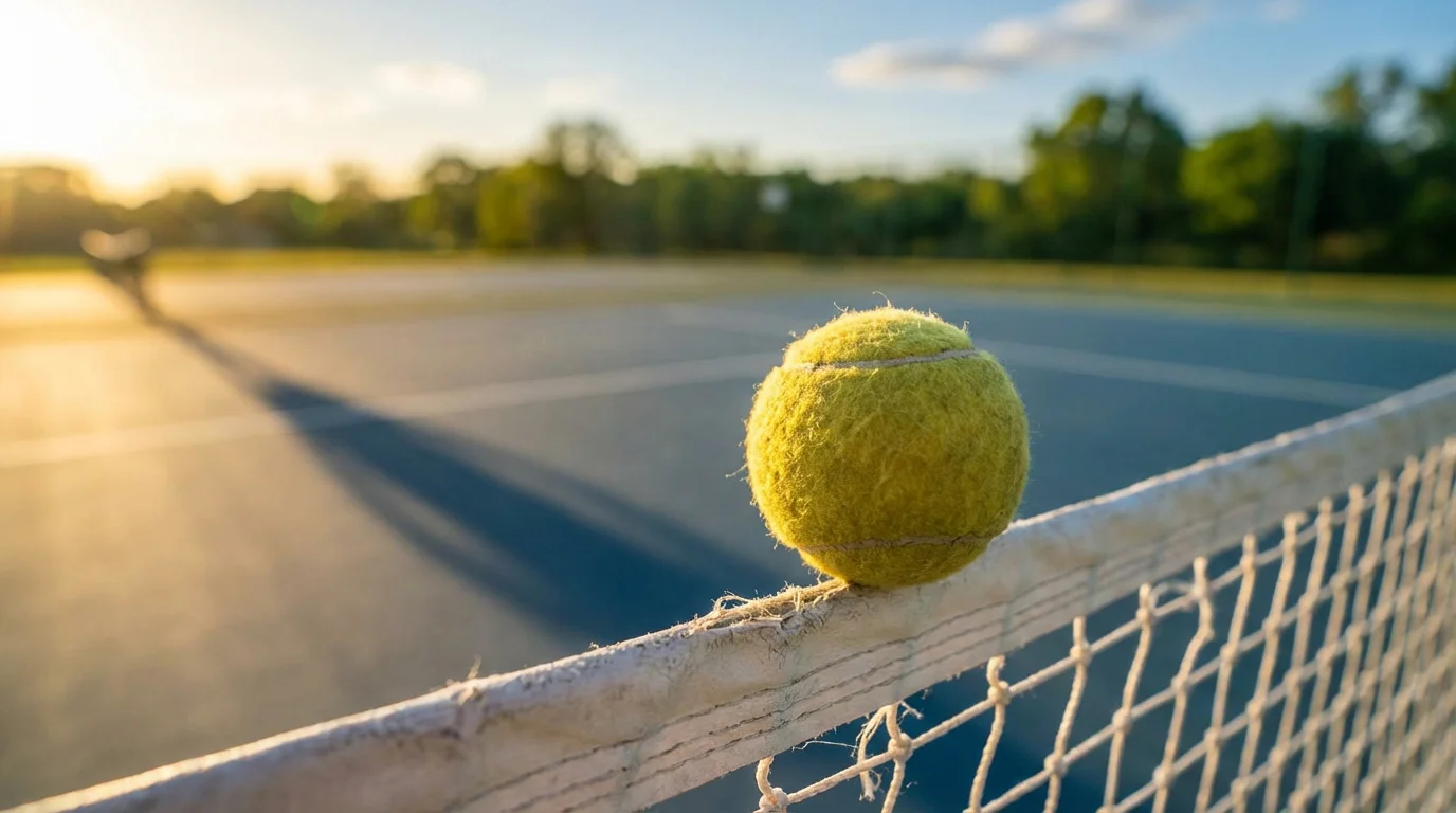 Pelota de tenis en equilibrio sobre la red de una pista de tenis iluminada por luz natural lateral